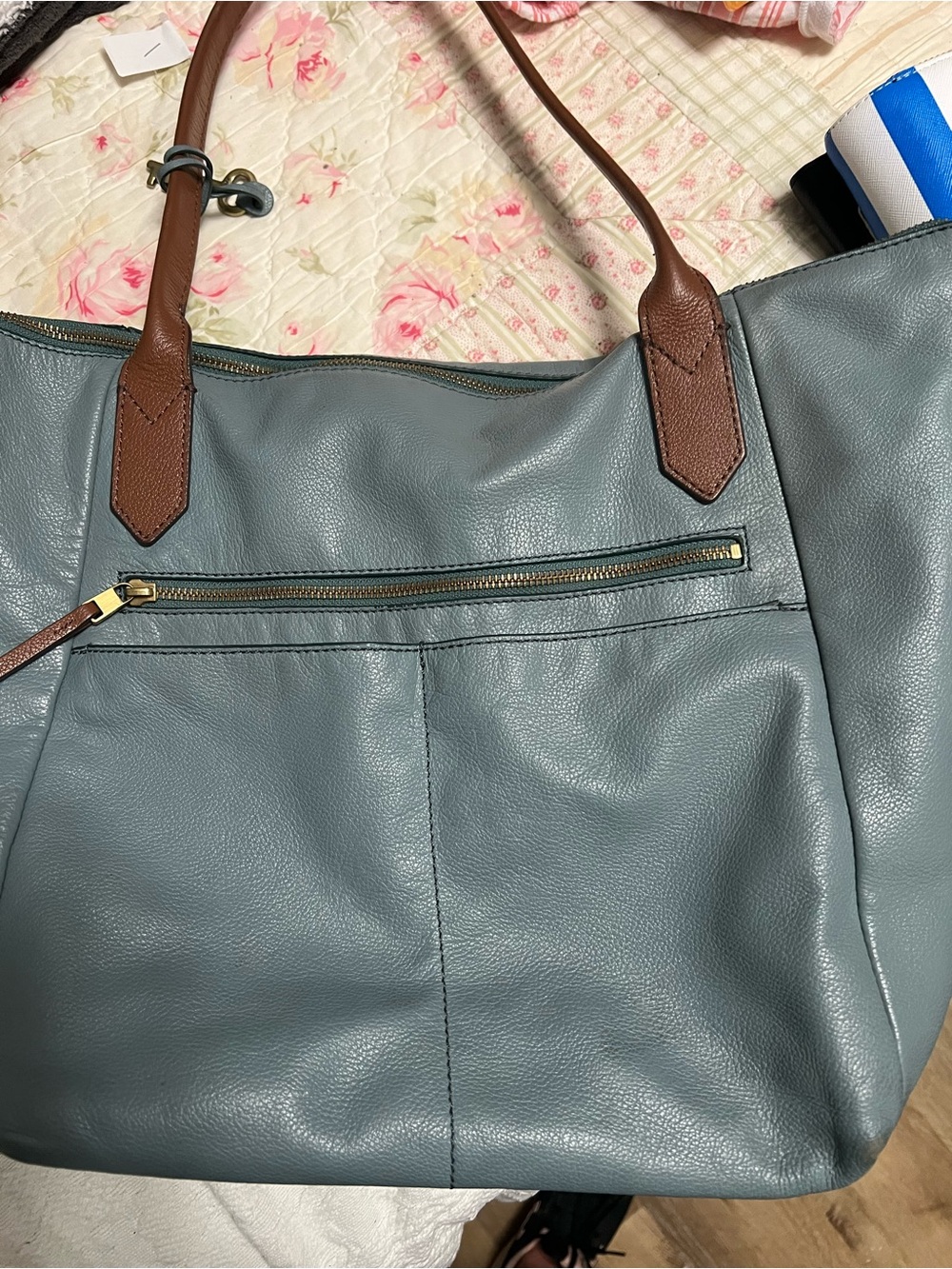Women's Leather Tote Bag in Slate Blue with Brown Trim